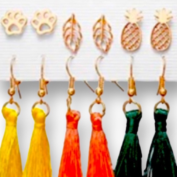 6 Pair Set of Fashion Earrings:pineapples, paw prints, palm leaf studs & tassels - Picture 3 of 7